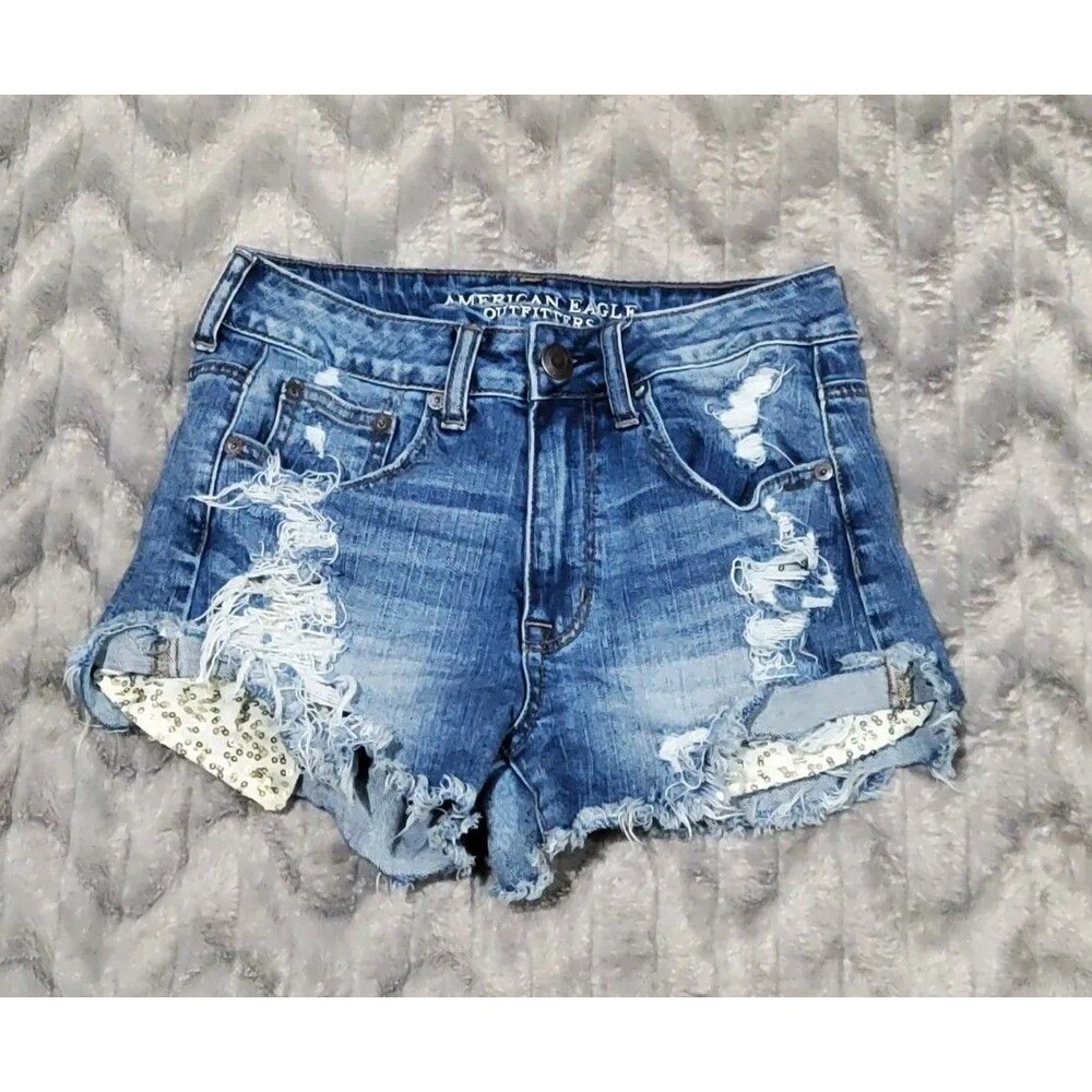 American Eagle Womens 2 Cut Off Distressed High Rise Festival Booty Shorts